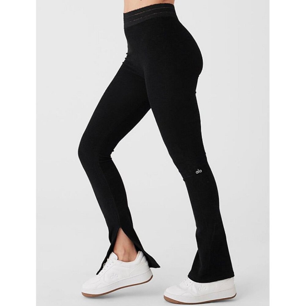 Alo Seamless Luxe Terry High-Waist Cuddle Legging Black Hi-Rise Slit Hem Bootcut